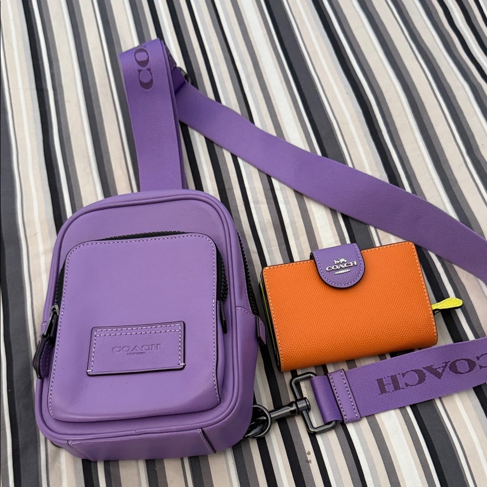 Coach Lilac Sling Pack with gunmetal hardware and Tangerine Wallet Set